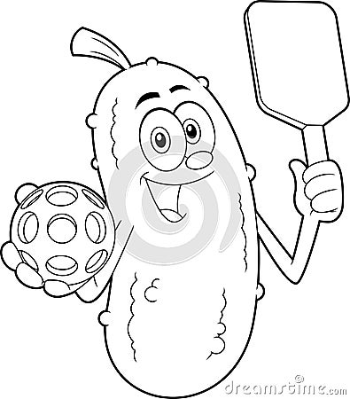 Outlined Smiling Pickle Cartoon Character Holding A Pickleball Ball And Paddle Racket Vector Illustration