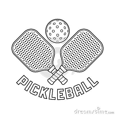 Pickleball Logo With Crossed Racket and Ball Above Them in Outline Style Vector Illustration