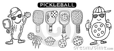 Pickleball paddles, balls, avocado and pickle characters set. Hand drawn black outline vector illustration. Vector Illustration