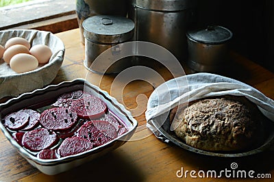 Pickled Beets, Capers, Potato Bread, Fresh Eggs Stock Photo