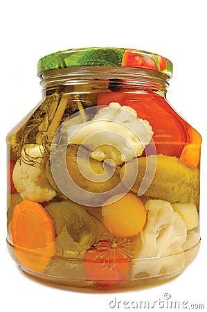 Pickled canned vegetables homemade assortment isolated glass jar Stock Photo