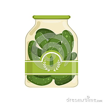Pickled cucumbers in glass jar with brand label. Organic product. Canned food. Isolated flat vector design for product Vector Illustration
