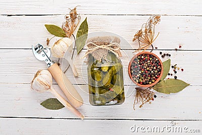 Pickled cucumbers in a jar. Stocks of food. Stock Photo