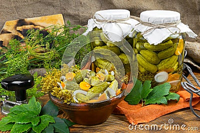 Marinated cucumbers, cucumbers in a bowl, Cucumber pickle set Stock Photo