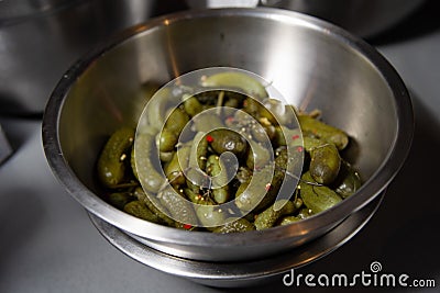 Pickled Cucumbers in Metal Bowl Stock Photo