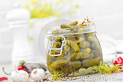 Pickled cucumbers, small marinated pickles Stock Photo