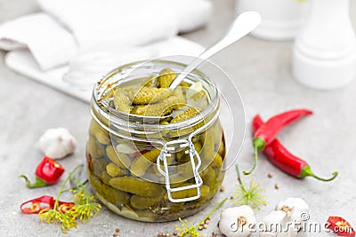 Pickled cucumbers, small marinated pickles Stock Photo