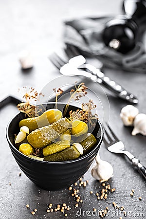 Pickled cucumbers, small marinated pickles Stock Photo