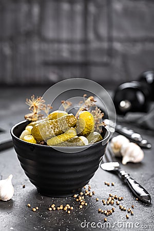 Pickled cucumbers, small marinated pickles Stock Photo