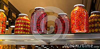 Homemade pickled fermented preserved vegetables in jars Stock Photo