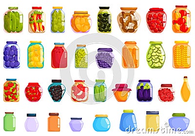 Pickled food jars icons set cartoon vector. Product can Vector Illustration