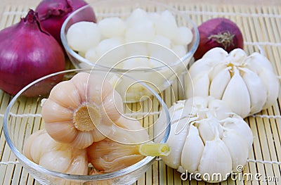 Pickled garlic and onion Stock Photo