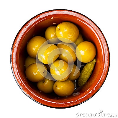 Pickled green olives with cucumber - typical Spanish tapas olivas verdes y pepinos Stock Photo