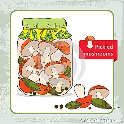 Pickled orange-cap boletus in the glass jar with bay leaf and black pepper Vector Illustration