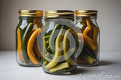 Pickled peppers in glass jars on white marble table, shallow depth of field. generative ai Stock Photo
