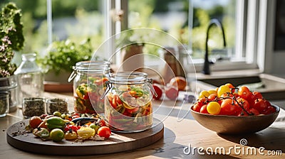 Pickled tomatoes jars on a wooden table in bright kitchen Stock Photo