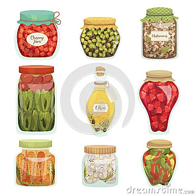 Pickled vegetables food, homemade glass jar set Vector Illustration