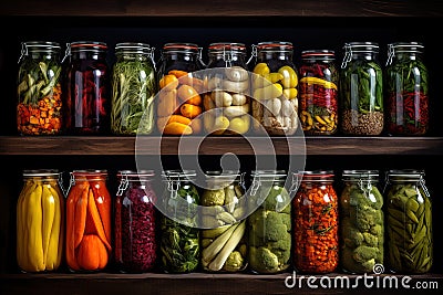 Pickled vegetables in glass jars on shelves Stock Photo