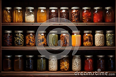 Pickled vegetables in glass jars on shelves Stock Photo