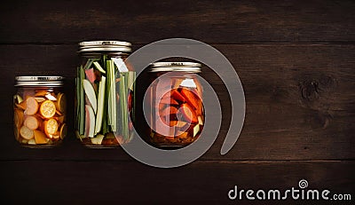 Pickled Vegetables in Jars on Wooden Background, Copy Space Stock Photo