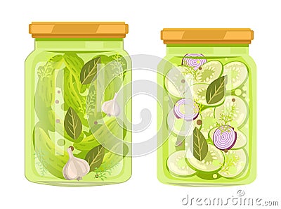 Pickled Cucumbers and Zucchini with Spicery Jars Vector Illustration