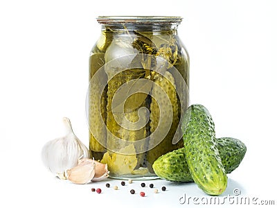 Pickles in glass jar isolated on white Stock Photo