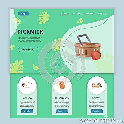 Picknick flat landing page website template. Bow saw, sleeping bag, caravan. Web banner with header, content and footer Vector Illustration