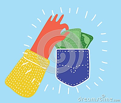 Pickpocket flat illustration isolated on white. Human hand takes money cash from pocket Vector Illustration