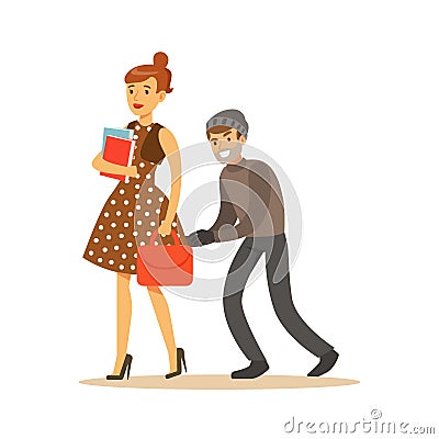 Pickpocket trying to steal bag from girl. Colorful cartoon character vector Illustration Vector Illustration