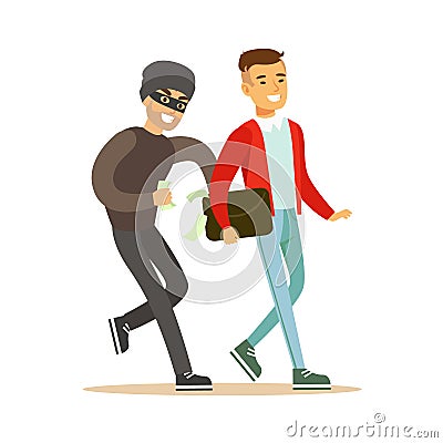 Pickpocket trying to steal money from smiling man . Colorful cartoon character vector Illustration Vector Illustration