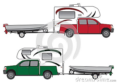 Pickup With Camper Pulling Boat Vector Illustration