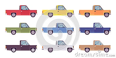 Pickup truck bright set, utility vehicle for travel, side view Vector Illustration