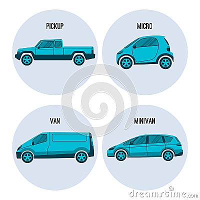 Pickup truck, Microcar, van road vehicle, minivan multipurpose automobile vector Vector Illustration