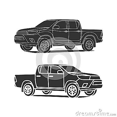 Pickup truck silhouette set outline and black icon vector illustration Vector Illustration