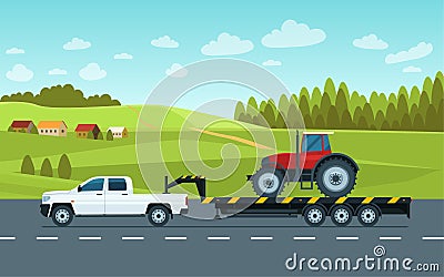 A pickup truck with a trailer transports a tractor on the road against the backdrop of a rural landscape. Vector flat style Vector Illustration