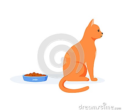 Picky cat refusing to eat food in bowl. Red domestic cat being selective and persnickety. Pet not eating kibble or wet Vector Illustration