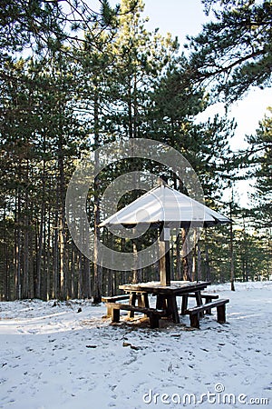 Picnic area with table in the woods in the snow Stock Photo