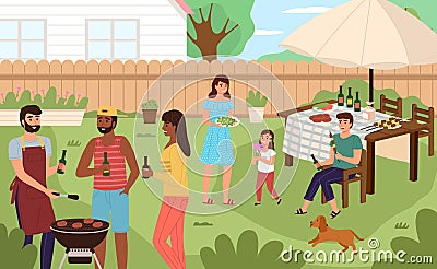 Picnic backyard. People cooking and eating grill meat in summer nature, family barbecue party. Happy men, women and Vector Illustration