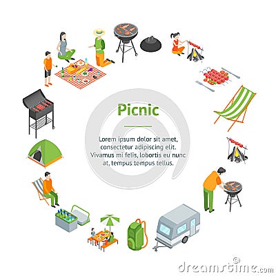 Picnic Barbecue Banner Card Circle Isometric View. Vector Vector Illustration