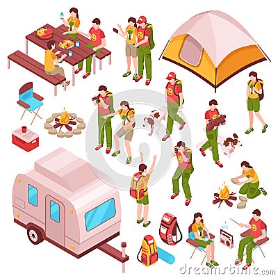 Picnic Barbecue Isometric Icons Vector Illustration