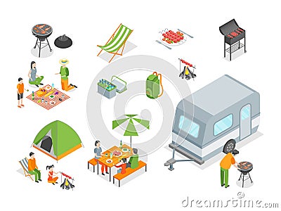 Picnic Barbecue Signs 3d Icon Set Isometric View. Vector Vector Illustration