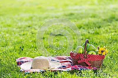 Picnic basket and blanket Stock Photo