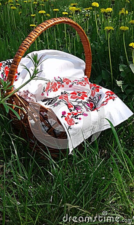 Picnic basket. Easter basket. Embroidered canvas. Yellow dandelions on green grass. Stock Photo