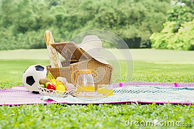 Picnic basket and food at field Stock Photo