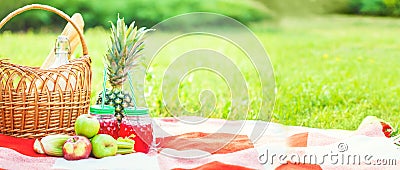 Picnic basket, fruit, juice in small bottles, apples, milk, pineapple summer, rest, plaid, grass Copyspace Stock Photo