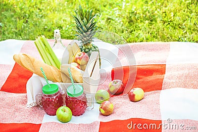 Picnic basket, fruit, juice in small bottles, apples, milk, pineapple summer, rest plaid green grass Copyspace Stock Photo