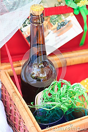 Picnic basket - fruits, bread and wine Stock Photo