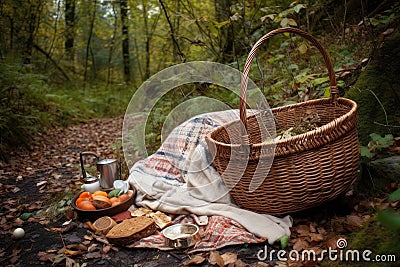 picnic with basket full of treats and blanket to wander in the woods Stock Photo