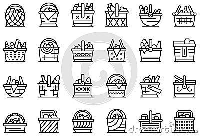 Picnic basket icons set, outline style Vector Illustration