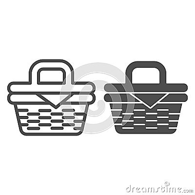 Picnic basket line and solid icon, summer time concept, Wicker picnic basket sign on white background, basket with food Vector Illustration